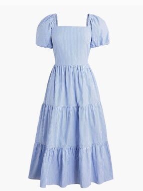 J. Crew Blue and White Striped Tiered Midi Dress with Puff Sleeves (Size 8)